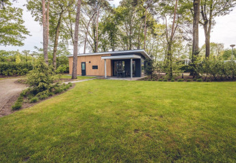 Forest Villa lodge at Holiday park Ackersate in the Netherlands, surrounded by lush trees and a green lawn.