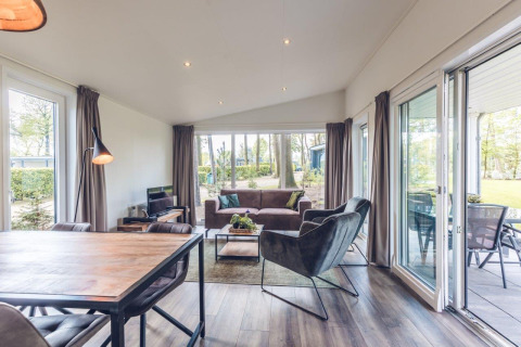 Lichte woonkamer in Forest Villa op Holiday park Ackersate in Nederland met moderne inrichting en tuinzicht.