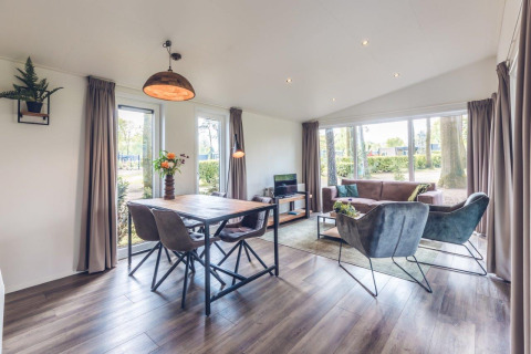 Lichte, moderne woon- en eetkamer in Forest Villa, Holiday park Ackersate, Nederland, met grote ramen.