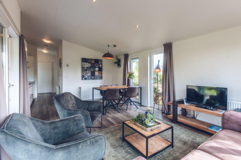Living room inside Forest Villa at Holiday park Ackersate, Netherlands, with modern decor, TV and dining area.