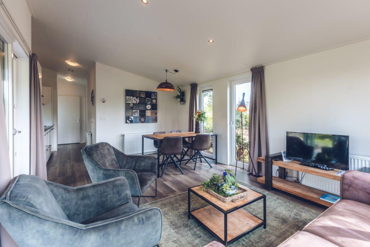 Sala de estar en Forest Villa, Holiday park Ackersate, Países Bajos, con decoración moderna, televisor y comedor.