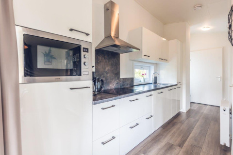 Modern kitchen interior of Forest Villa at Holiday park Ackersate, Netherlands, featuring sleek white cabinets.