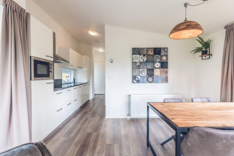 Cucina moderna e zona pranzo nella Forest Villa all’Holiday park Ackersate, Paesi Bassi, arredamento chiaro.