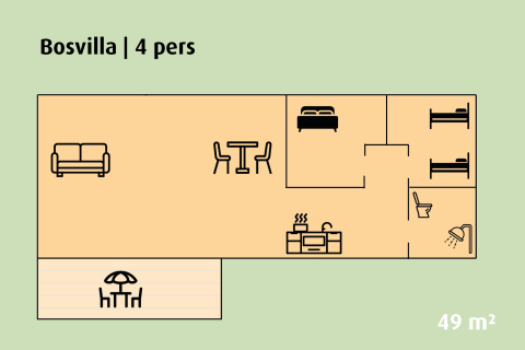 Plano de la Bosvilla para 4 personas en Holiday park Ackersate, Países Bajos, mostrando la disposición de las habitaciones.