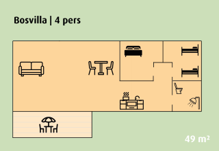 Grundriss der Bosvilla für 4 Personen im Holiday park Ackersate, Niederlande. Räume und Ausstattung sichtbar.