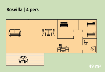 Plano de la Bosvilla para 4 personas en Holiday park Ackersate, Países Bajos, mostrando la disposición de las habitaciones.