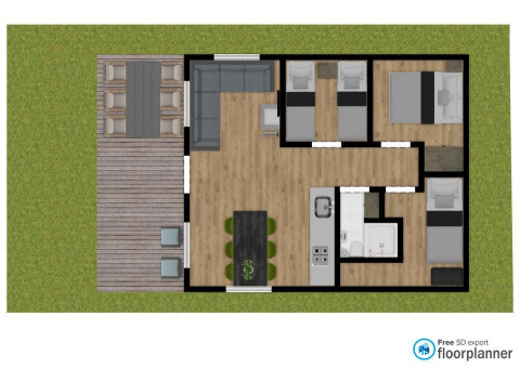 Plan d’une tente safari villa au parc De Witte Berg avec terrasse, salon, cuisine et trois chambres à coucher.