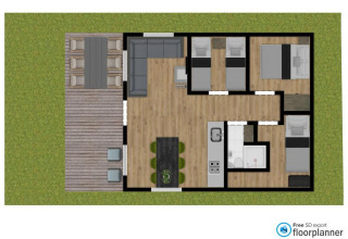 Plan d’une tente safari villa au parc De Witte Berg avec terrasse, salon, cuisine et trois chambres à coucher.
