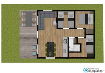 Floor plan of a safari tent villa at De Witte Berg holiday park, featuring a deck, living room, kitchen and bedrooms.