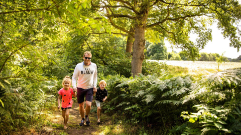 Een man wandelt met twee kinderen bij de safaritent Tentvilla in vakantiepark De Witte Berg, Nederland.