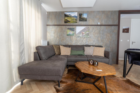 Sala en el lodge Wulfenia en Pressegger See, Austria, con sofá gris, mesa de madera y arte en la pared.