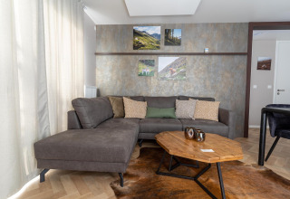 Sala en el lodge Wulfenia en Pressegger See, Austria, con sofá gris, mesa de madera y arte en la pared.