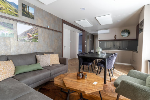 Sala de estar y comedor modernos en la casa de campo Wulfenia en Pressegger See, Austria, con decoración natural.