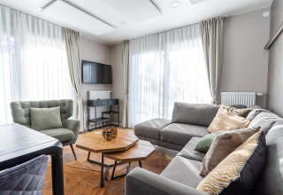 Moderne woonkamer in Wulfenia lodge bij Pressegger See, Oostenrijk, met bank, stoel en veel licht.