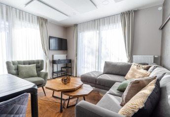 Modernes Wohnzimmer in der Wulfenia-Lodge am Pressegger See, Österreich, mit Sofa, Sessel und TV.