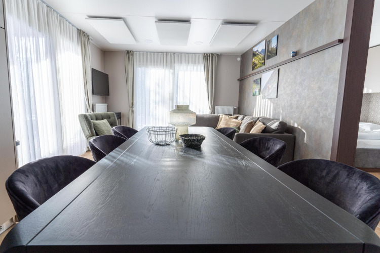 Moderne woonkamer in Wulfenia Lodge aan de Pressegger See, Oostenrijk, met eettafel, bank en grote ramen.