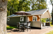 Gemütliche Forest Lodge im Ferienpark De Witte Berg in den Niederlanden mit Terrasse, Tisch und Sonnenschirm.