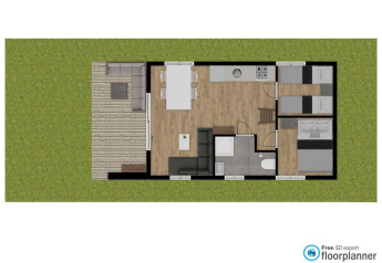 Plantegning af Forest Lodge ved Holiday park De Witte Berg, viser layout med stue, køkken og to soveværelser.