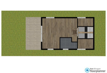 Plano del Forest Lodge en el Holiday park De Witte Berg, Países Bajos, con habitaciones, sala y terraza.