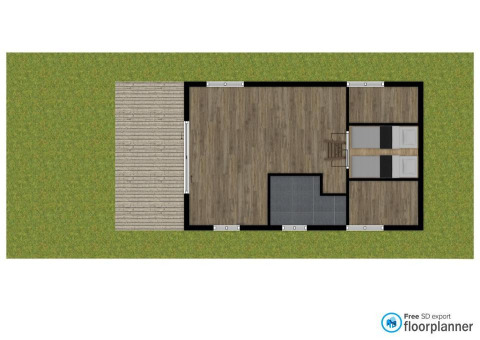 Floor plan of the Forest Lodge at Holiday park De Witte Berg in the Netherlands, with bedrooms, living area and deck.