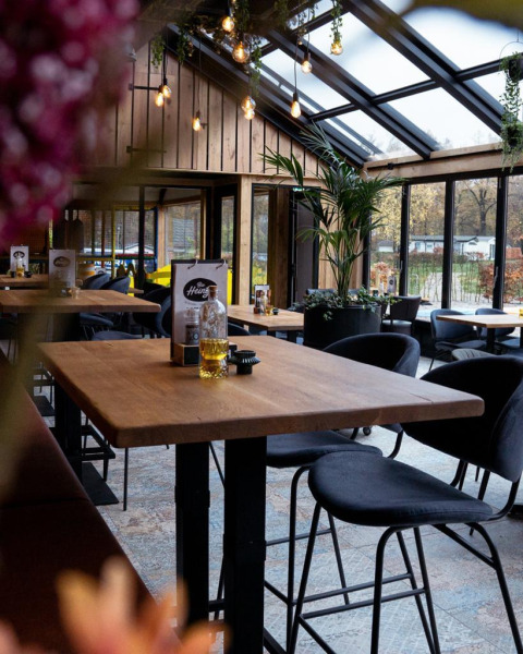 Modern lodge-interieur met houten tafels, zwarte stoelen en planten in Forest Lodge, De Witte Berg, Nederland.