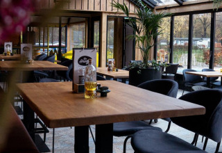 Modern lodge-interieur met houten tafels, zwarte stoelen en planten in Forest Lodge, De Witte Berg, Nederland.