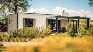 Villa de vacances moderne avec sauna, au parc Ackersate aux Pays-Bas, entourée de verdure luxuriante.