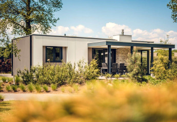 Villa de vacances moderne avec sauna, au parc Ackersate aux Pays-Bas, entourée de verdure luxuriante.