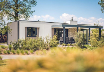 Modern vacation villa with sauna at Holiday Park Ackersate in the Netherlands, surrounded by greenery.