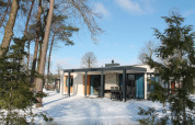 Modern vacation villa with sauna at Holiday Park Ackersate in the Netherlands, surrounded by snow and trees.
