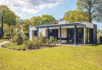 Moderne vakantievilla met sauna in vakantiepark Ackersate in Nederland, omgeven door veel groen en bomen.