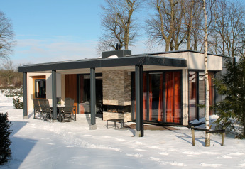 Moderne feriebolig med sauna på Holiday park Ackersate i Holland, omringet af sne og træer.