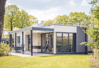 Villa vacacional moderna con sauna en Holiday Park Ackersate, Países Bajos, rodeada de césped y árboles verdes.