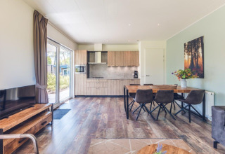 Bright living room and kitchen in a modern vacation villa with sauna at Holiday park Ackersate, Netherlands.