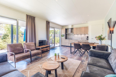 Bright, modern living room and kitchen in a vacation villa with sauna at Holiday park Ackersate, Netherlands.