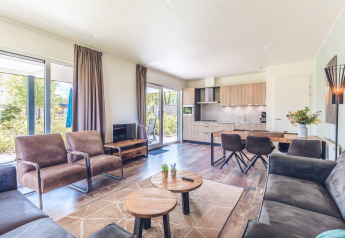 Bright, modern living room and kitchen in a vacation villa with sauna at Holiday park Ackersate, Netherlands.