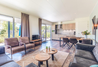 Helles, modernes Wohnzimmer mit offener Küche in einer Ferienvilla mit Sauna im Holiday Park Ackersate.