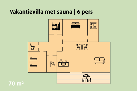 Floor plan of vacation villa with sauna for 6 persons, 70 m², located at Holiday park Ackersate, Netherlands.