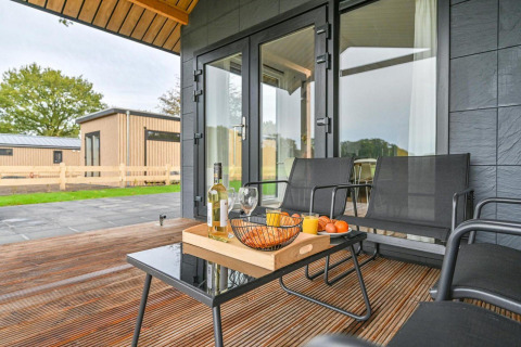 Terraza exterior de una lujosa cabaña en Drentse Weelde, Países Bajos, con vino, snacks y asientos modernos.