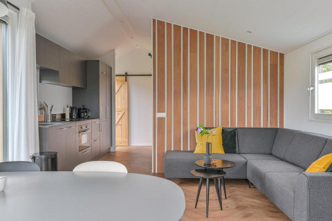 Interior de luxury lodge con sauna en Drentse Weelde, Países Bajos, cocina moderna y sala de estar.