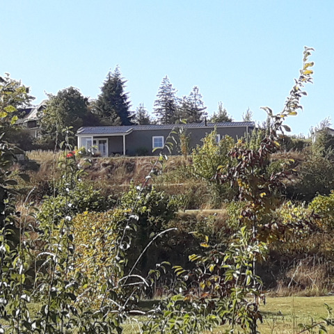 Blick auf das Chalet Marron im Camping & Ferienpark Brilon in Deutschland, umgeben von Natur und Bäumen.