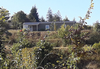 Vista del Chalet Marron en Camping & Ferienpark Brilon, Alemania, rodeado de vegetación y cielo despejado.