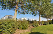 Tres cabañas modernas entre árboles y arbustos en Camping & Ferienpark Brilon en un día soleado.