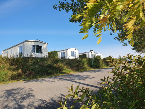 Lujosos chalets blancos en Camping & Ferienpark Brilon, Alemania, rodeados de naturaleza y cielo azul despejado.