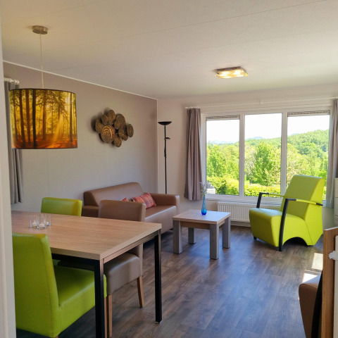 Sala de estar en Chalet Brilon en Camping & Ferienpark Brilon, Alemania, con muebles modernos y vista verde.