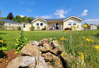 Casa mobile Chalet Limonet al Camping & Ferienpark Brilon, Germania, immersa nel verde e nei fiori gialli.