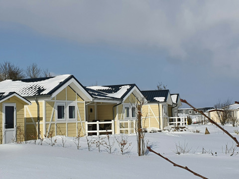 Casas móviles amarillas cubiertas de nieve en Chalet Limonet, Camping & Ferienpark Brilon, Alemania, en invierno.