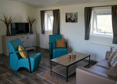 Sala moderna en Chalet Limonet en Camping & Ferienpark Brilon, con sillones azules y TV en Alemania.