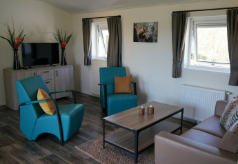 Sala moderna en Chalet Limonet en Camping & Ferienpark Brilon, con sillones azules y TV en Alemania.