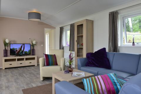 Sala luminosa en la cabaña Calcelux de Camping & Ferienpark Brilon, Alemania, con sofá, sillón y televisor.